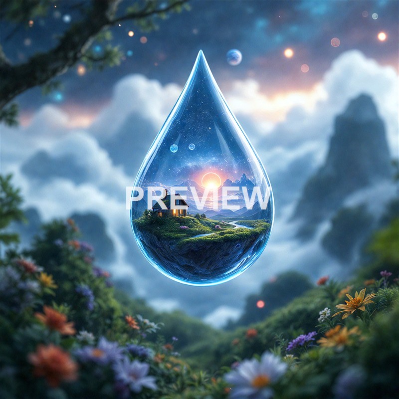 A surreal digital artwork featuring a large, transparent water droplet containing a miniature landscape with a house, mountains, and a sunset sky, surrounded by a lush, colorful garden and a starry sky in the background.